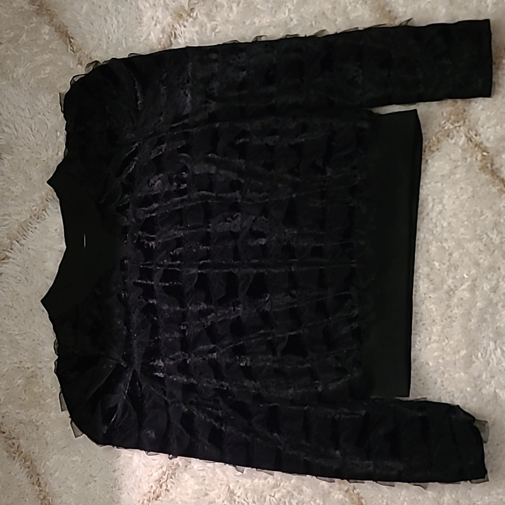 Black Sheer Ruffle Mesh Top|Gothic Romantic Statement Blouse|Long Sleeve